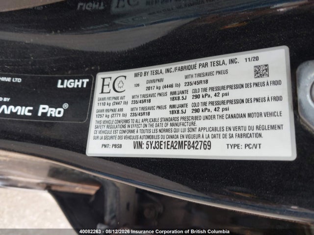 Tesla MODEL 3 2021 5YJ3E1EA2MF842769 Image 9
