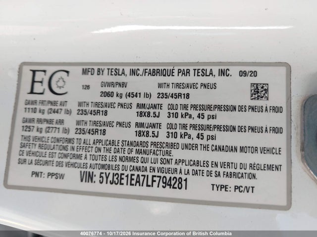 5YJ3E1EA7LF794281 Tesla MODEL 3