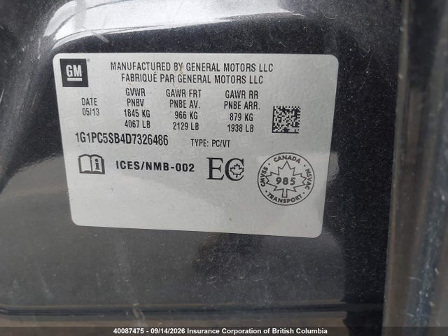 2013 Chevrolet Cruze მანქანა იყიდება აუქციონზე, vin: 1G1PC5SB4D7326486, აუქციონის ნომერი: 40087475