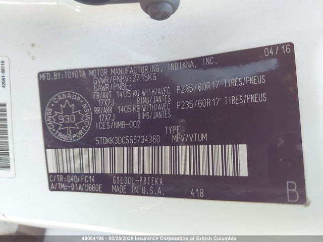 5TDKK3DC5GS734360 Toyota Sienna Le 8 Passenger