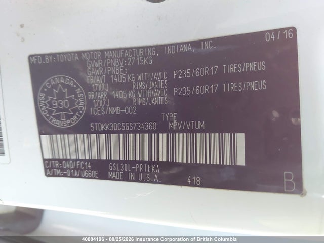 5TDKK3DC5GS734360 Toyota Sienna Le 8 Passenger