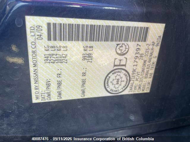 2009 Nissan Altima 2.5/2.5s მანქანა იყიდება აუქციონზე, vin: 1N4AL21E99C179397, აუქციონის ნომერი: 40087476