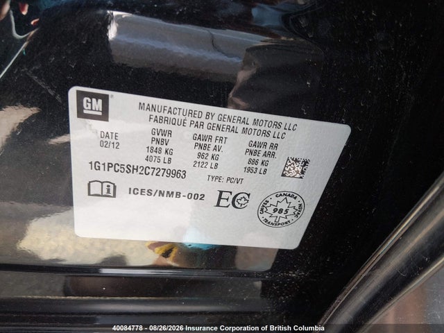 Aukcja sprzedaży 2012 Chevrolet Cruze Ls, vin: 1G1PC5SH2C7279963, numer aukcji: 40084778