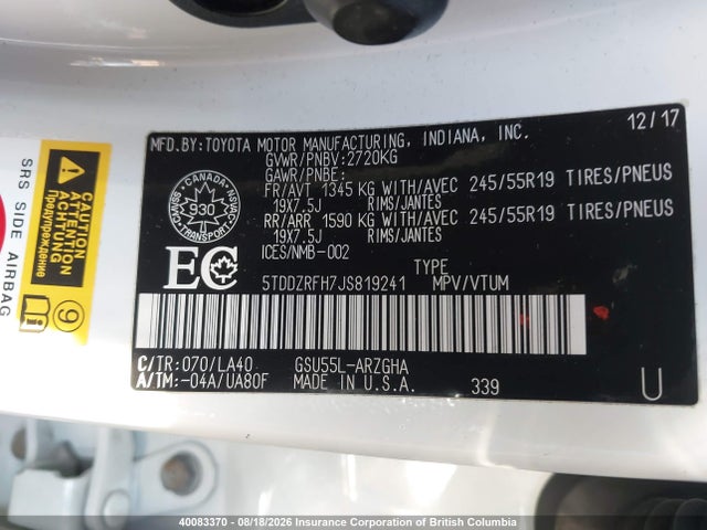 5TDDZRFH7JS819241 Toyota Highlander Limited/ltd Platinum