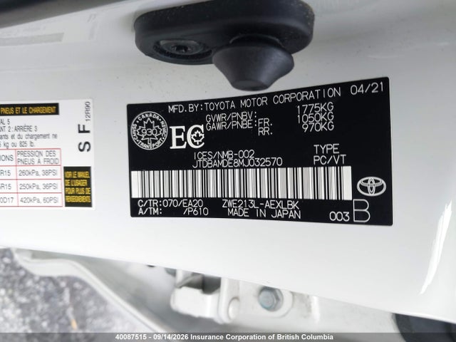 Продаж на аукціоні авто 2021 Toyota Corolla, vin: JTDBAMDE8MJ032570, номер лоту: 40087515