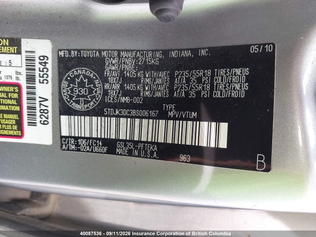 40087536 :رقم المزاد ، 5TDJK3DC3BS006167 vin ، 2011 Toyota Sienna Le مزاد بيع