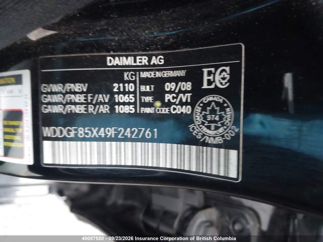 Aukcja sprzedaży 2009 Mercedes-benz C 230 4matic, vin: WDDGF85X49F242761, numer aukcji: 40087550