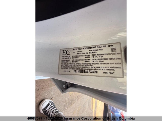 Auction sale of the 2020 Tesla Model 3, vin: 5YJ3E1EA6LF738610, lot number: 40087577