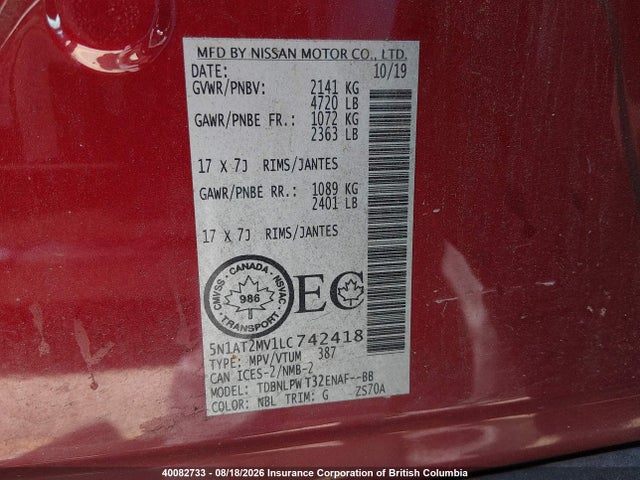 Продаж на аукціоні авто 2020 Nissan Rogue S/sl/sv, vin: 5N1AT2MV1LC742418, номер лоту: 40082733