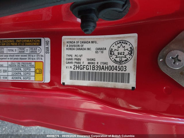 2010 Honda Civic Dx-g მანქანა იყიდება აუქციონზე, vin: 2HGFG1B39AH004503, აუქციონის ნომერი: 40086776
