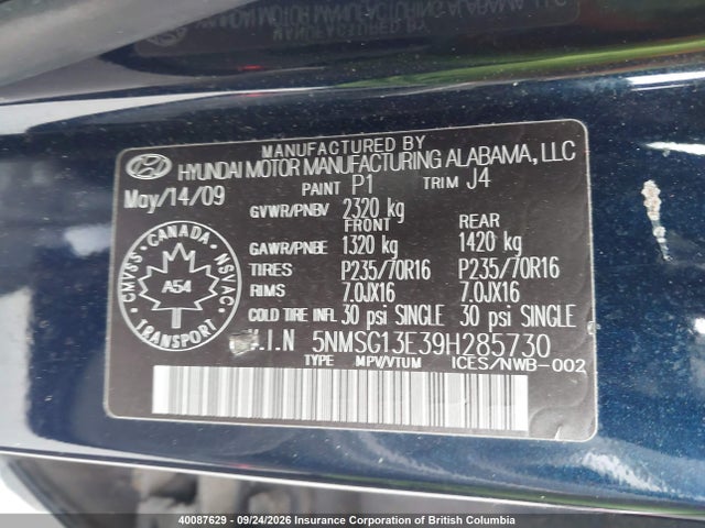 Auction sale of the 2009 Hyundai Santa Fe Gl, vin: 5NMSG13E39H285730, lot number: 40087629