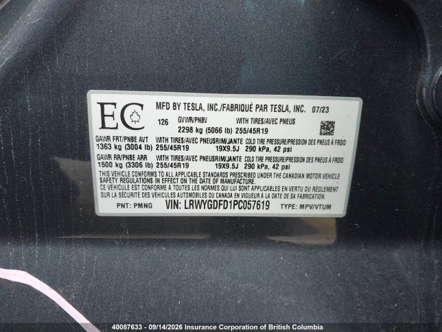Aukcja sprzedaży 2023 Tesla Model Y, vin: LRWYGDFD1PC057619, numer aukcji: 40087633
