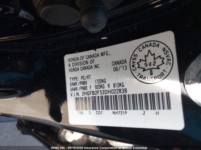 2013 Honda Civic Lx მანქანა იყიდება აუქციონზე, vin: 2HGFB2F53DH022838, აუქციონის ნომერი: 40081164