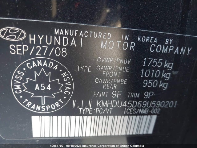 2009 Hyundai Elantra Gls/se მანქანა იყიდება აუქციონზე, vin: KMHDU45D69U590201, აუქციონის ნომერი: 40087702