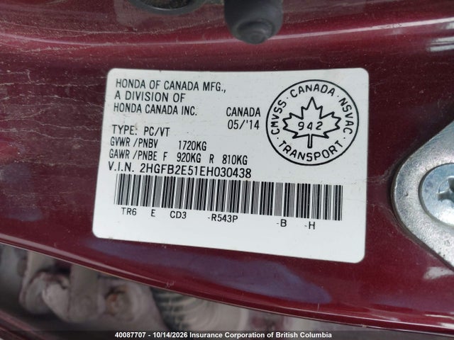 40087707 :رقم المزاد ، 2HGFB2E51EH030438 vin ، 2014 Honda Civic مزاد بيع