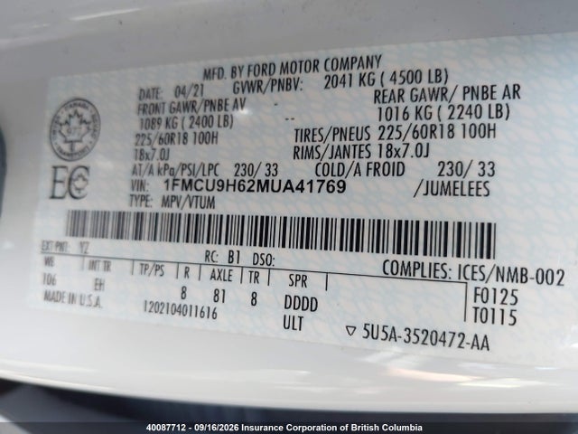 1FMCU9H62MUA41769 Ford ESCAPE SEL