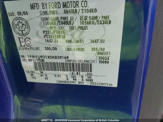 40087716 :رقم المزاد ، 1FMYU931X5KB39169 vin ، 2005 Ford Escape Xlt مزاد بيع