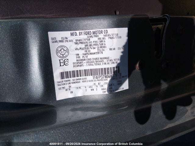 40081811 :رقم المزاد ، 1FAFP37N06W228178 vin ، 2006 Ford Focus Zx5 مزاد بيع