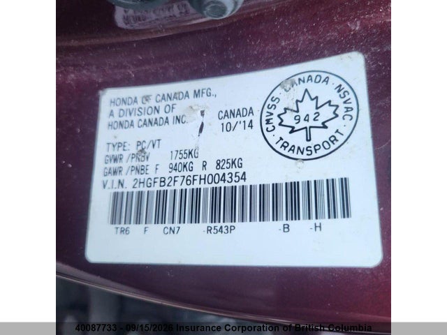 Honda Civic 2015 2HGFB2F76FH004354 Image 14