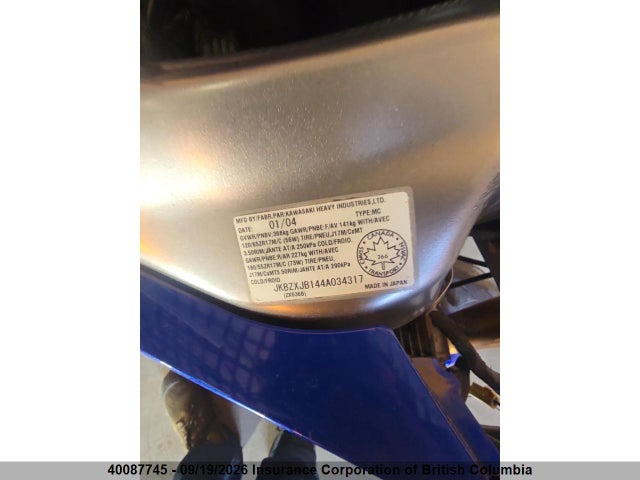40087745 :رقم المزاد ، JKBZXJB144A034317 vin ، 2004 Kawasaki Zx636 B1 مزاد بيع