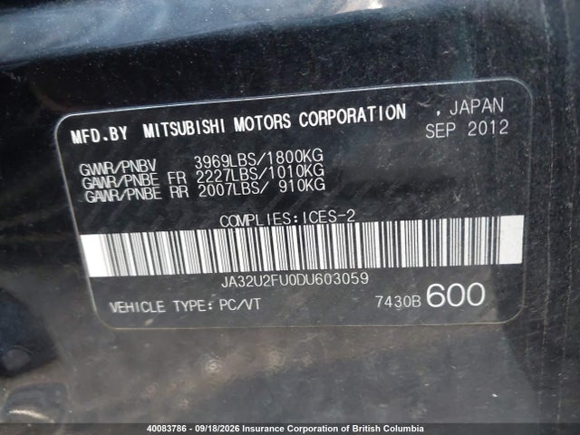 2013 Mitsubishi Lancer Es/es Sport მანქანა იყიდება აუქციონზე, vin: JA32U2FU0DU603059, აუქციონის ნომერი: 40083786