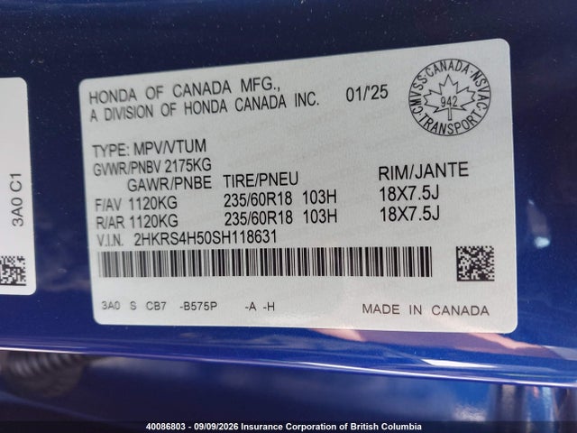 2025 Honda Cr-v Sport მანქანა იყიდება აუქციონზე, vin: 2HKRS4H50SH118631, აუქციონის ნომერი: 40086803