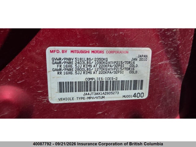 Aukcja sprzedaży 2010 Mitsubishi Outlander Xls, vin: JA4JT3AX1AZ605273, numer aukcji: 40087792