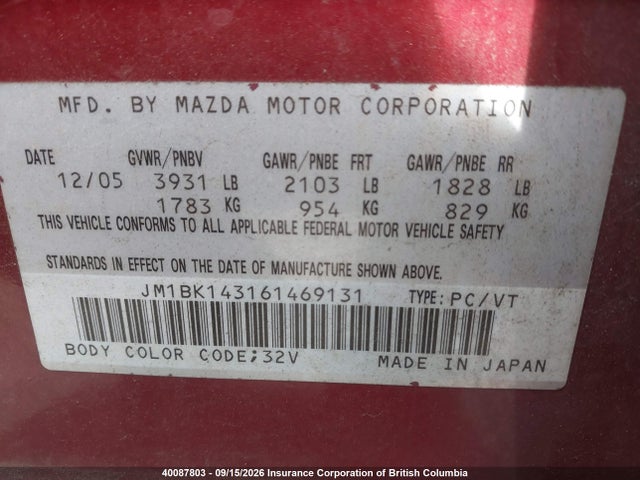2006 Mazda Mazda3 Gs/gt მანქანა იყიდება აუქციონზე, vin: JM1BK143161469131, აუქციონის ნომერი: 40087803