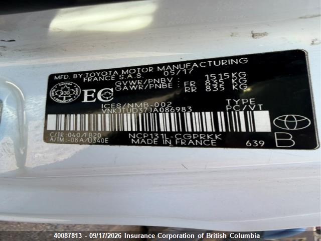 40087813 :رقم المزاد ، VNKJTUD37JA086983 vin ، 2018 Toyota Yaris مزاد بيع