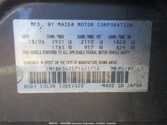 Продаж на аукціоні авто 2007 Mazda Mazda3 Gs/gt, vin: JM1BK343571621716, номер лоту: 40087831