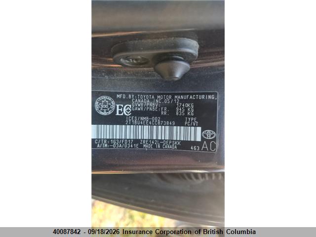 Auction sale of the 2012 Toyota Corolla S/le, vin: 2T1BU4EE4CC873849, lot number: 40087842