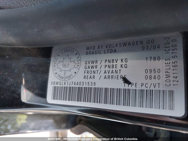 40087849 :رقم المزاد ، 9BWGL61J744031539 vin ، 2004 Volkswagen Golf مزاد بيع