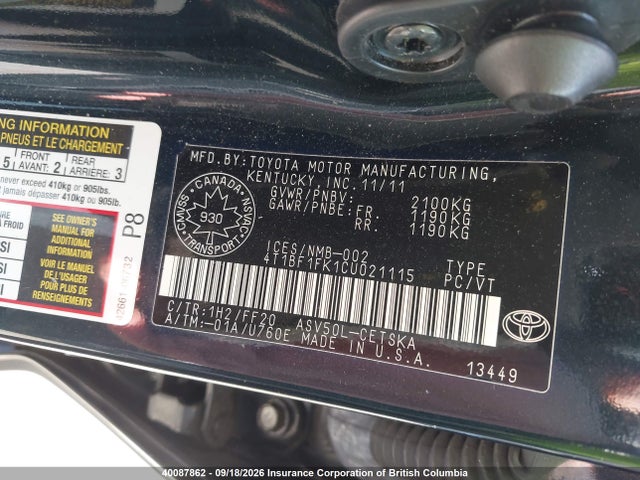 Продажа на аукционе авто 2012 Toyota Camry, vin: 4T1BF1FK1CU021115, номер лота: 40087862