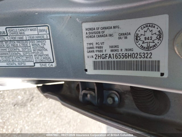 Aukcja sprzedaży 2006 Honda Civic, vin: 2HGFA16556H025322, numer aukcji: 40087863