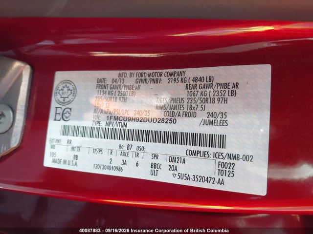Продажа на аукционе авто 2013 Ford Escape Sel, vin: 1FMCU9H92DUD28250, номер лота: 40087883