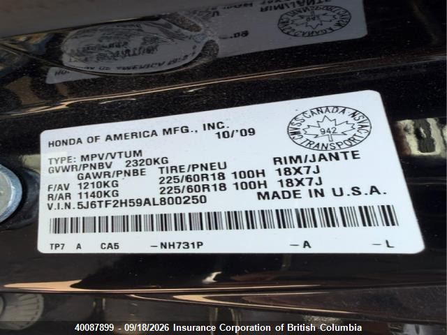 Aukcja sprzedaży 2010 Honda Accord Crosstour Exl, vin: 5J6TF2H59AL800250, numer aukcji: 40087899