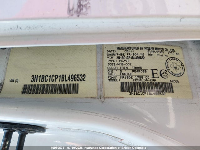 40080573 :رقم المزاد ، 3N1BC1CP1BL496532 vin ، 2011 Nissan Versa S/sl مزاد بيع