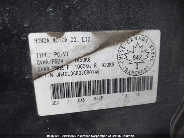 Aukcja sprzedaży 2007 Acura Tsx, vin: JH4CL96807C801461, numer aukcji: 40087123