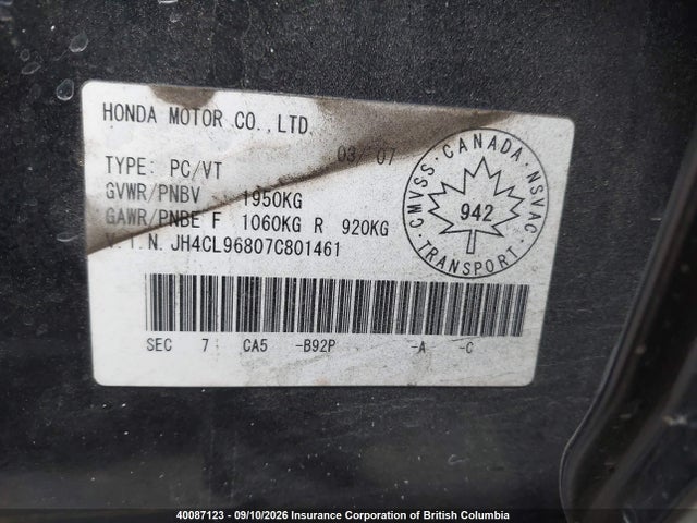 Aukcja sprzedaży 2007 Acura Tsx, vin: JH4CL96807C801461, numer aukcji: 40087123