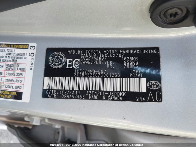 Продажа на аукционе авто 2007 Toyota Corolla Ce/le/s, vin: 2T1BR32E87C801266, номер лота: 40084031