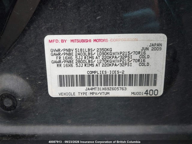 40087913 :رقم المزاد ، JA4MT31X69Z605763 vin ، 2009 Mitsubishi Outlander Se مزاد بيع