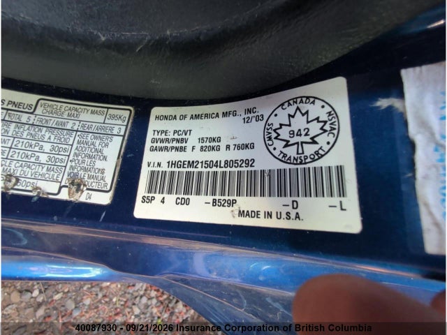 Aukcja sprzedaży 2004 Honda Civic, vin: 1HGEM21504L805292, numer aukcji: 40087930