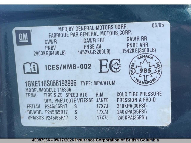 Продажа на аукционе авто 2005 Gmc Envoy, vin: 1GKET16S056193996, номер лота: 40087936