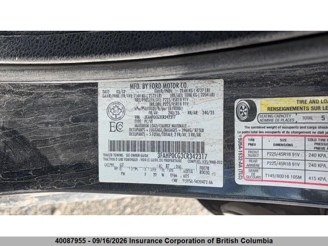 Aukcja sprzedaży 2012 Ford Fusion Sel, vin: 3FAHP0CG3CR342317, numer aukcji: 40087955