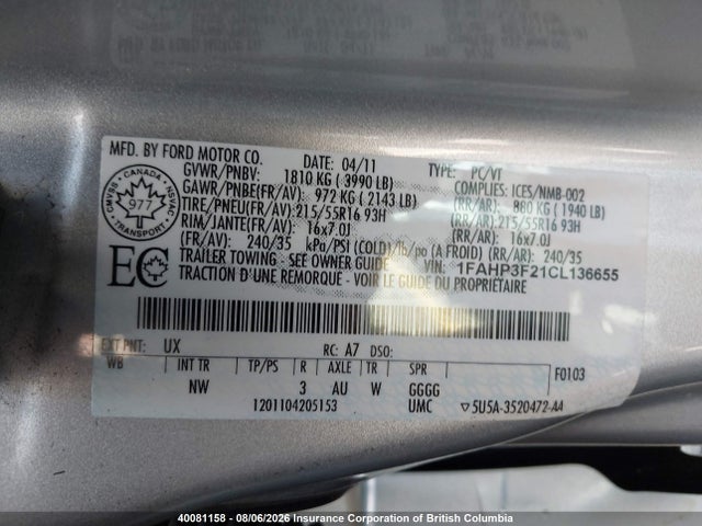 40081158 :رقم المزاد ، 1FAHP3F21CL136655 vin ، 2012 Ford Focus Se مزاد بيع