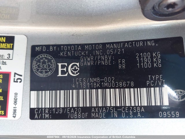 Продажа на аукционе авто 2021 Toyota Camry, vin: 4T1S11BK1MU038678, номер лота: 40087984