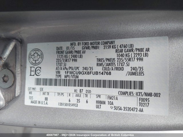 40087987 :رقم المزاد ، 1FMCU9GX8FUB14768 vin ، 2015 Ford Escape Se مزاد بيع