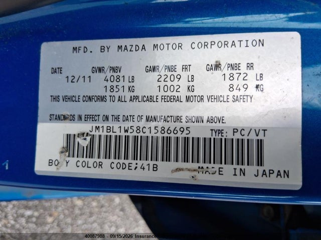 Продажа на аукционе авто 2012 Mazda 3 Mazda Gt, vin: JM1BL1W58C1586695, номер лота: 40087988