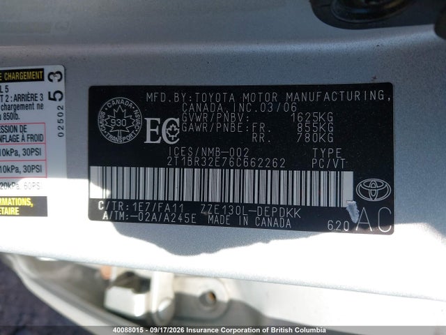 40088015 :رقم المزاد ، 2T1BR32E76C662262 vin ، 2006 Toyota Corolla Ce/le/s مزاد بيع