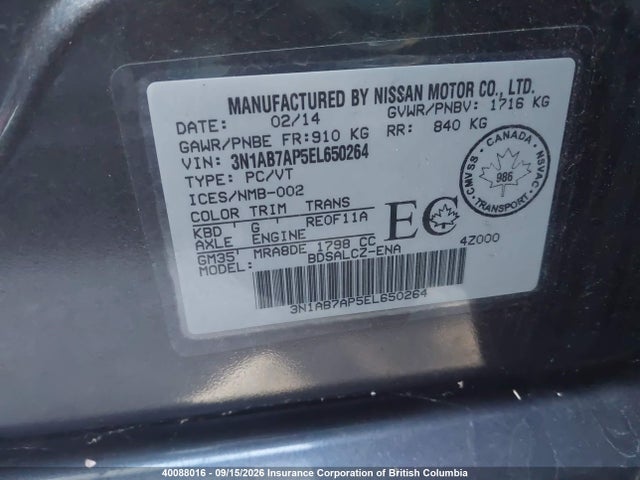 40088016 :رقم المزاد ، 3N1AB7AP5EL650264 vin ، 2014 Nissan Sentra S/sv/sr/sl مزاد بيع